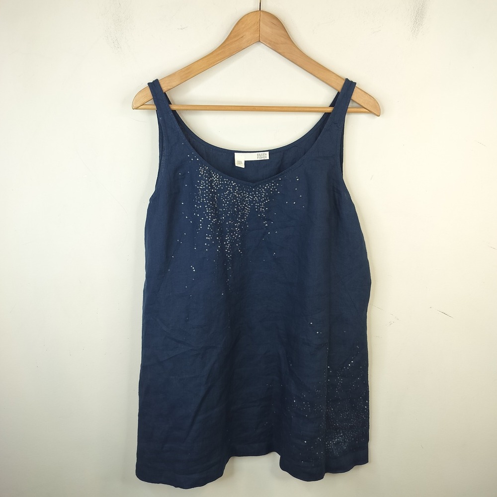 Eileen Fisher Irish Linen Tank Top Large Sequin Embellished Navy Blue
